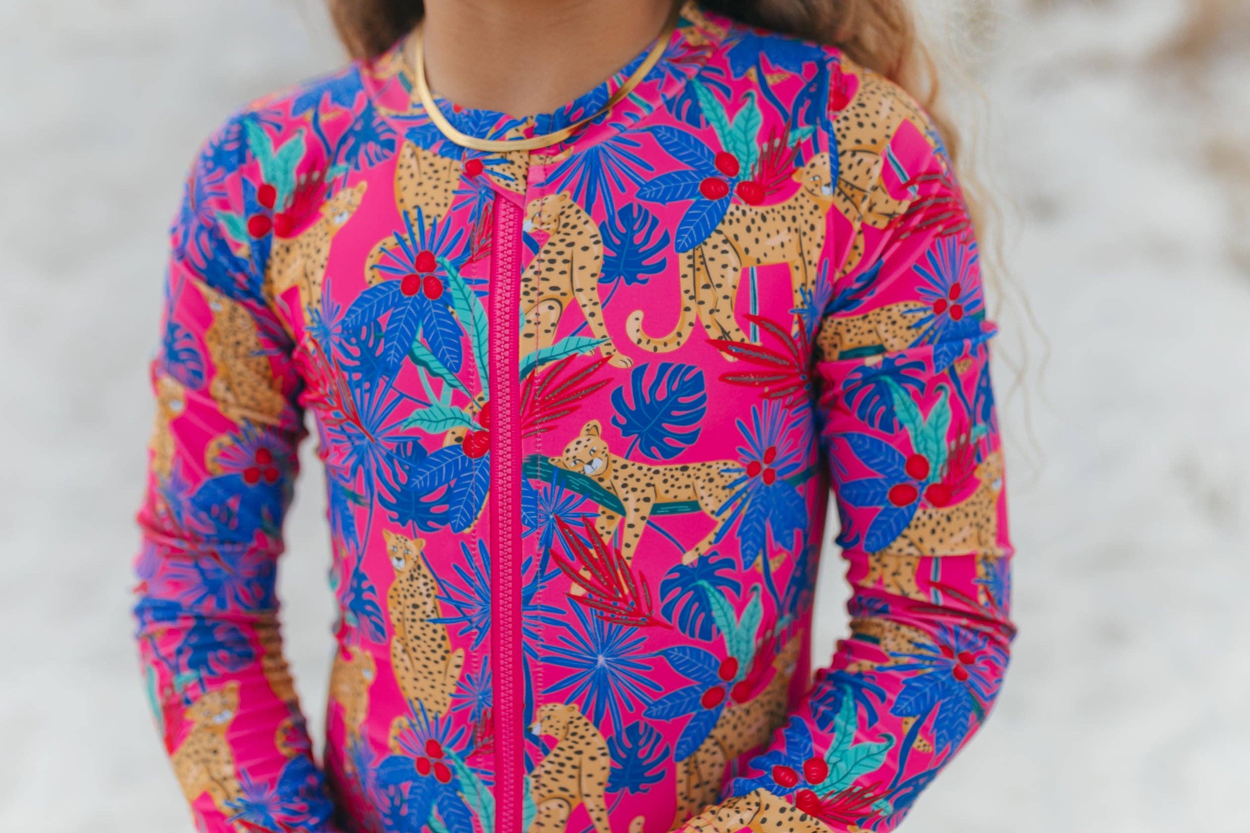 Boutique Tropical Cheetah Zip Rash Guard One Piece Swimsuit