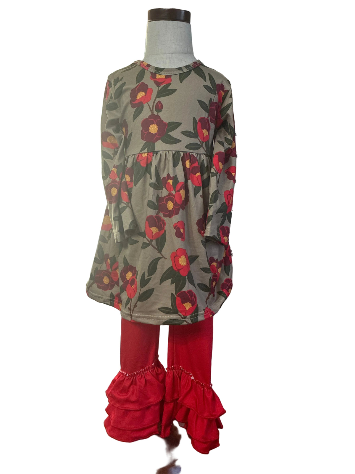 Crimson Blossom Tunic with Ruffle Leggings Set