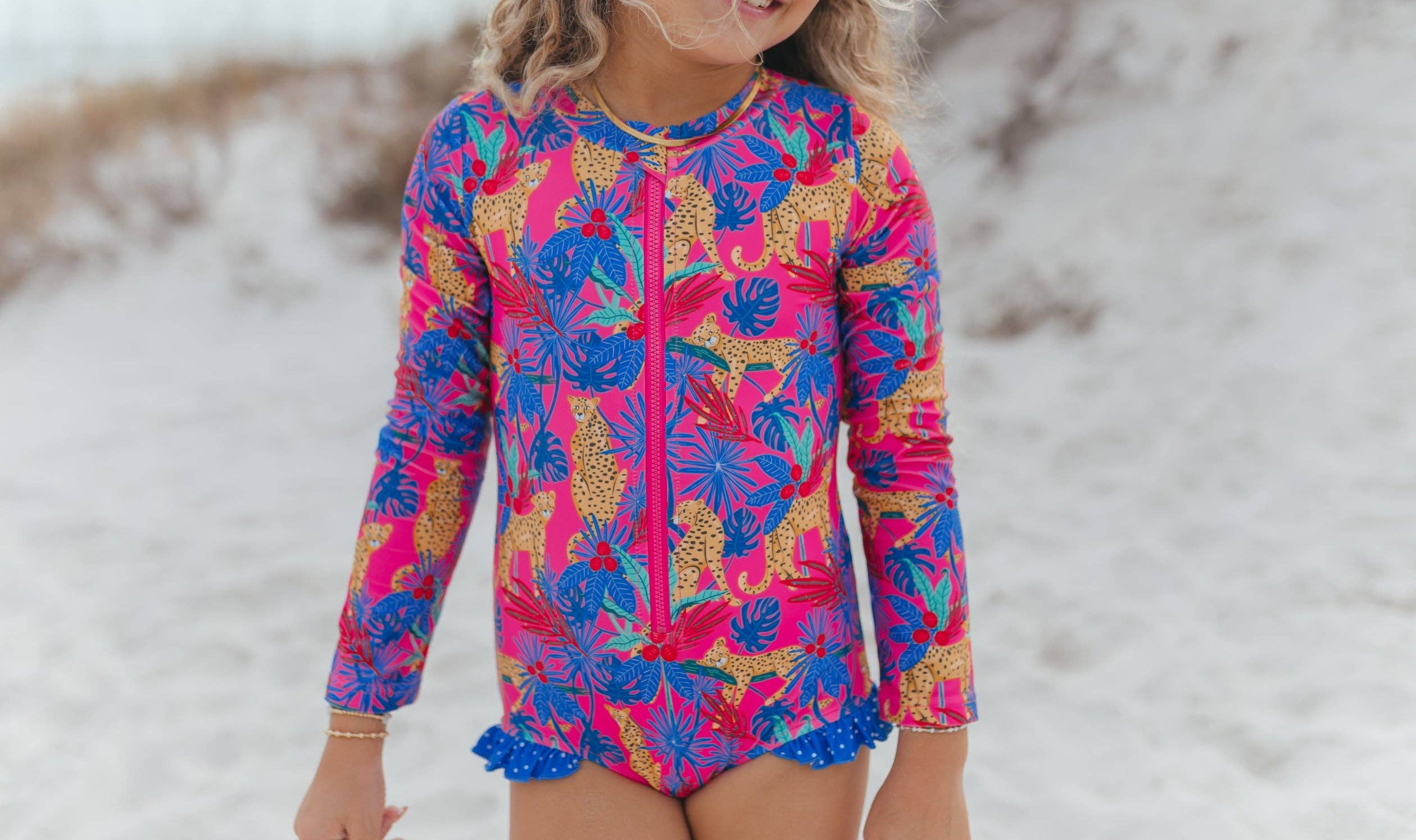 Boutique Tropical Cheetah Zip Rash Guard One Piece Swimsuit